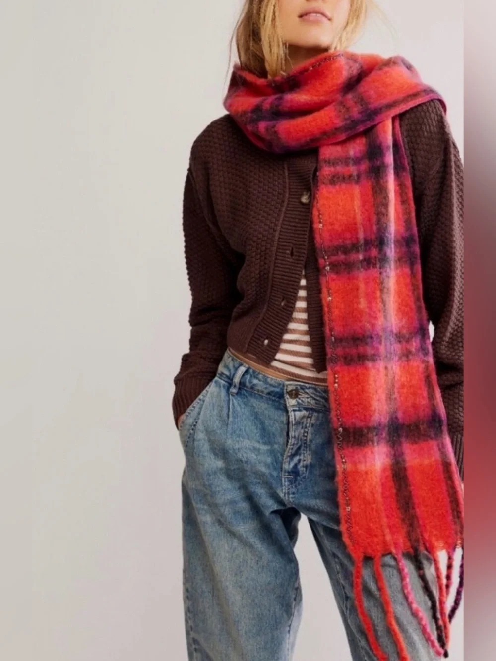 Free People Beaded Plaid Scarf – Pink Combo / NWT